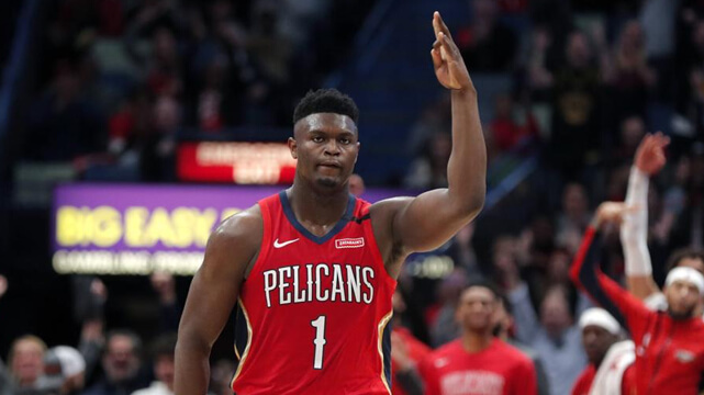 New Orleans Pelicans Forward Zion Williamson Reacts After Making a 3-point Against the San Antonio Spurs 01-22-2020